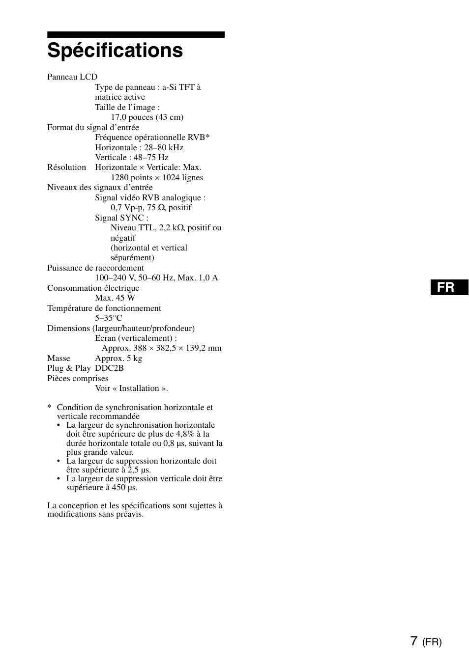 Spécifications | Sony SDM-HS75 User Manual | Page 13 / 20