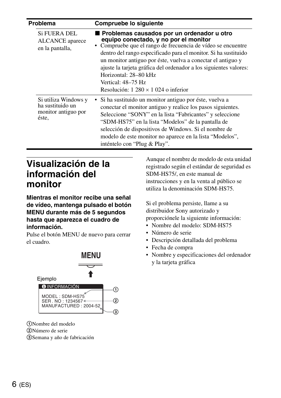 Visualización de la información del monitor, Menu | Sony SDM-HS75 User Manual | Page 18 / 20