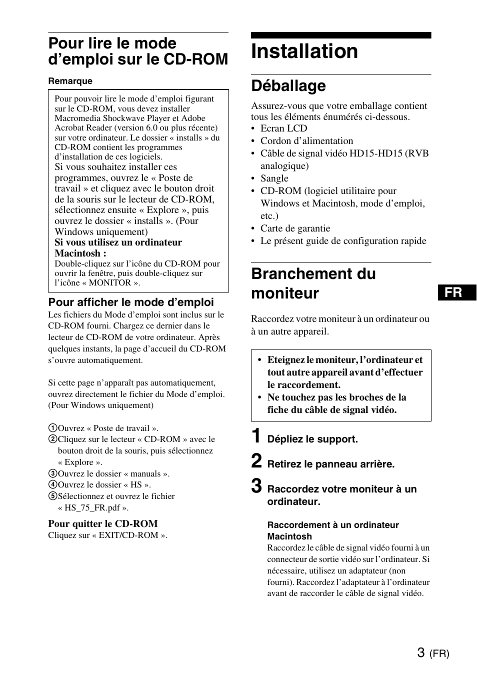 Installation, Pour lire le mode d’emploi sur le cd-rom, Déballage | Branchement du moniteur | Sony SDM-HS75 User Manual | Page 9 / 20