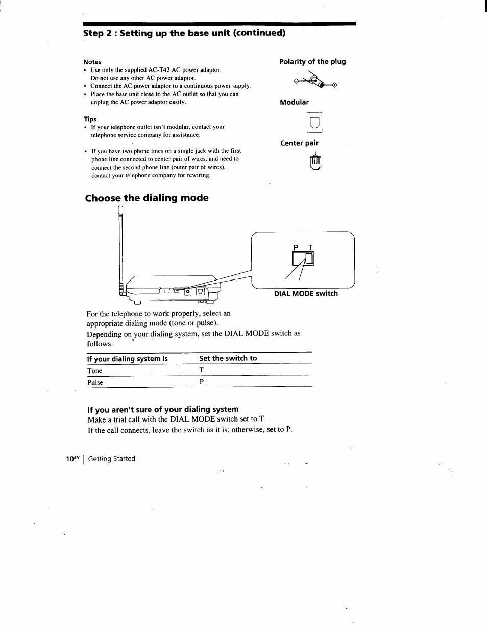Step 2 : setting up the base unit (continued), Polarity of the plug, Modular | Center pair, Choose the dialing mode, If you aren't sure of your dialing system | Sony SPP-A900 User Manual | Page 10 / 93