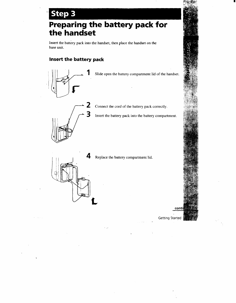 Preparing the battery pack for the handset, Insert the battery pack, Step 3 | Sony SPP-A900 User Manual | Page 11 / 93