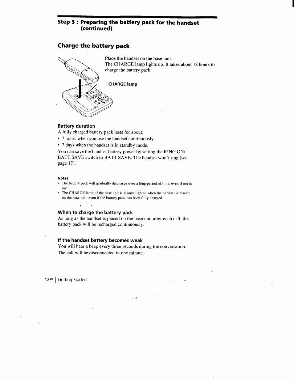 Charge the battery pack, Battery duration, When to charge the battery pack | If the handset battery becomes weak | Sony SPP-A900 User Manual | Page 12 / 93