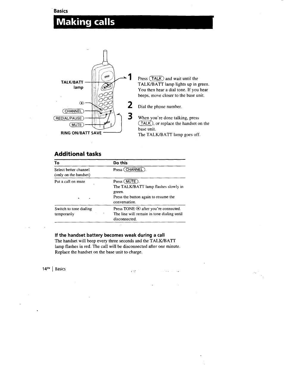 Making calls, Additional tasks, If the handset battery becomes weak during a call | Basics | Sony SPP-A900 User Manual | Page 14 / 93