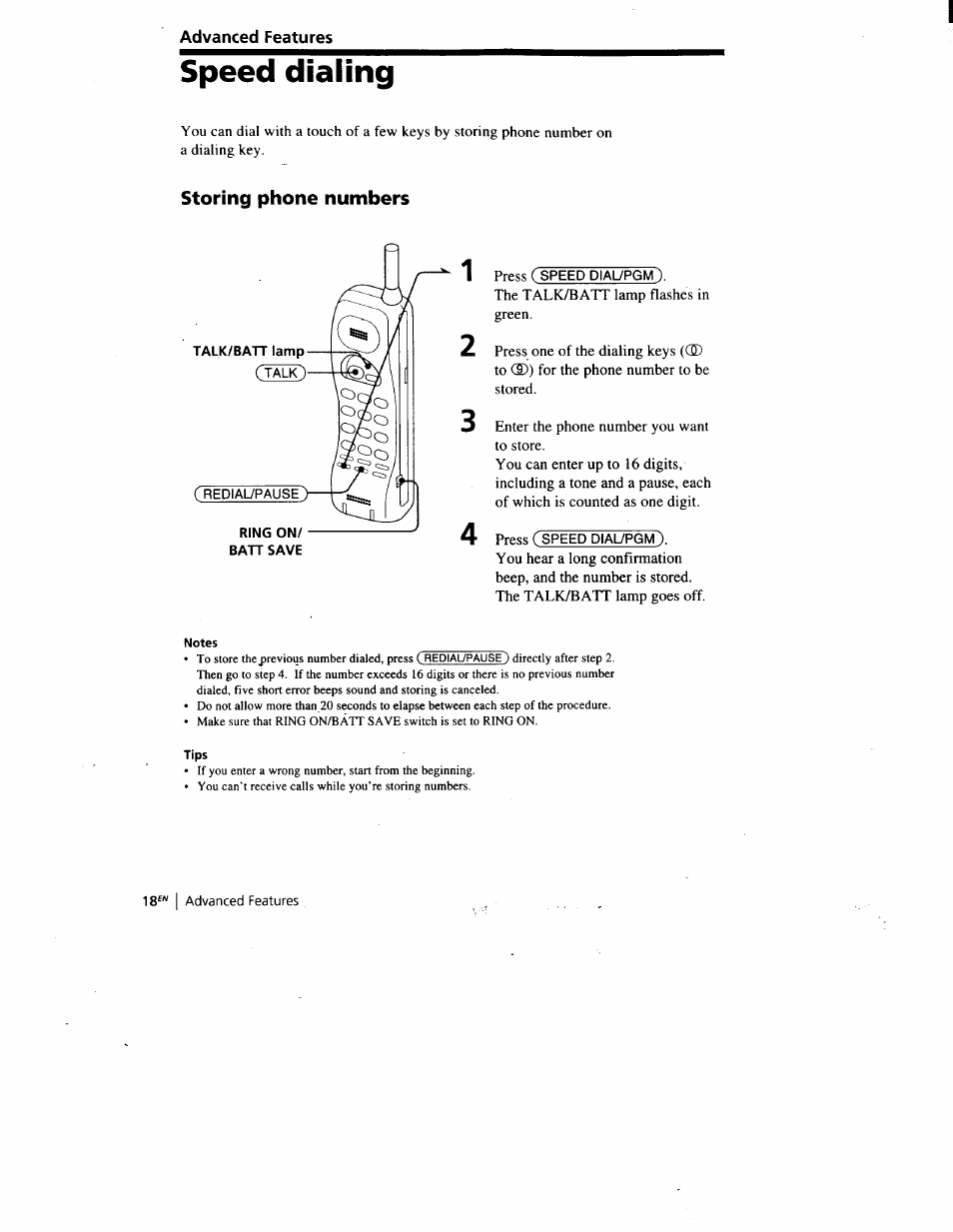 Speed dialing, Storing phone numbers | Sony SPP-A900 User Manual | Page 18 / 93