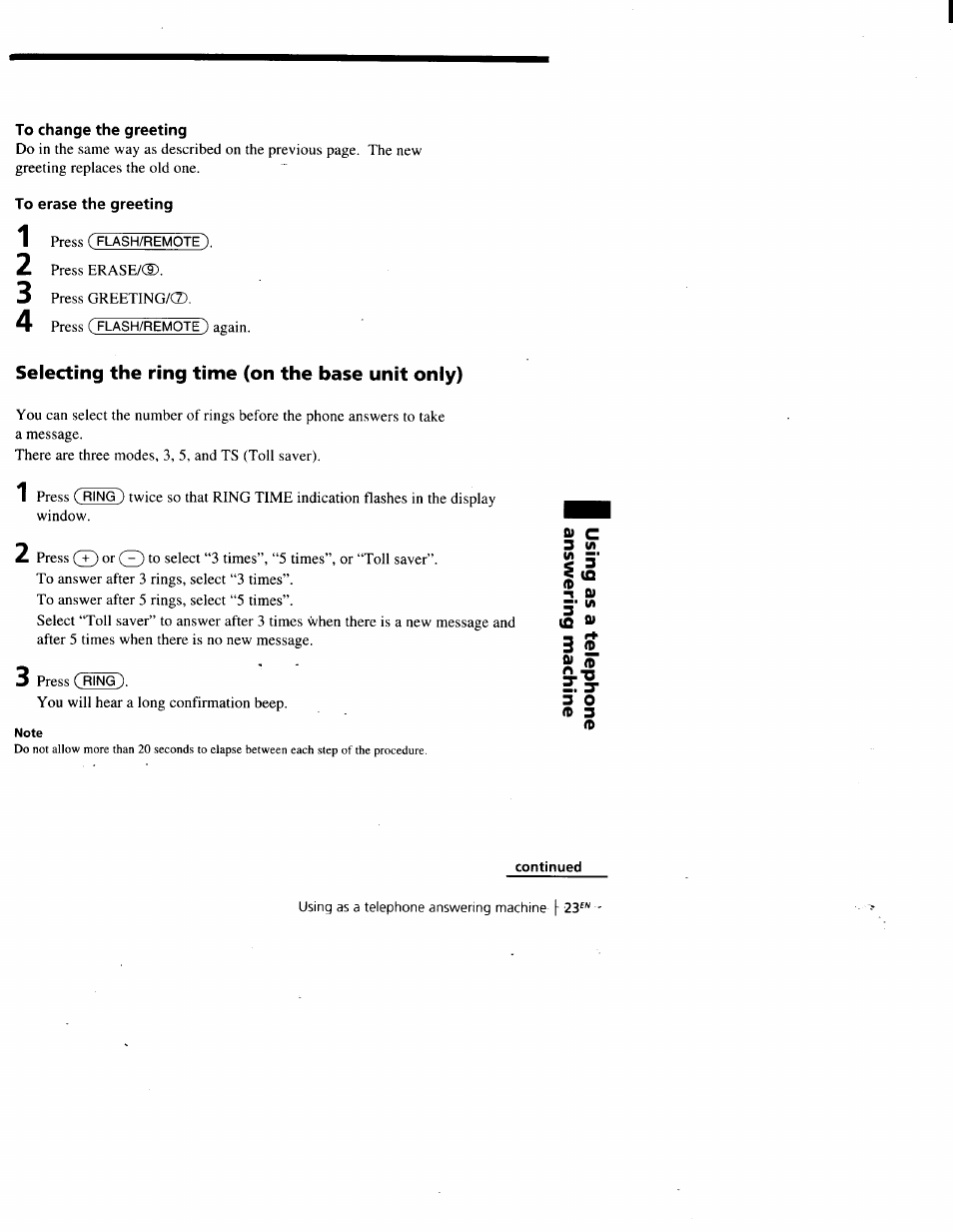 To change the greeting, To erase the greeting, Selecting the ring time (on the base unit only) | Continued, 5' ^ fi) 5-u) | Sony SPP-A900 User Manual | Page 23 / 93