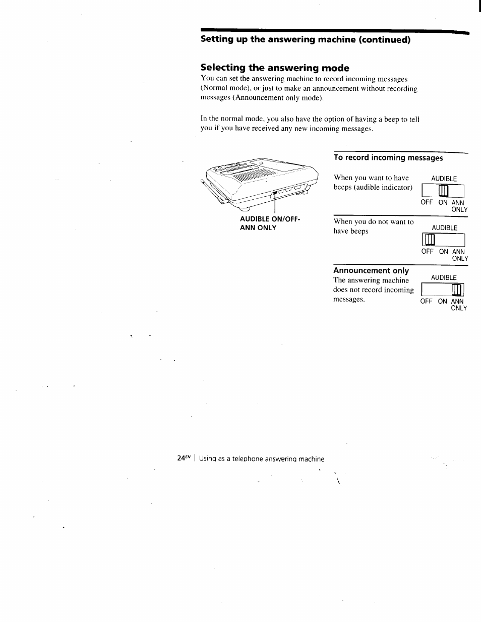 To record incoming messages, Announcement only | Sony SPP-A900 User Manual | Page 24 / 93