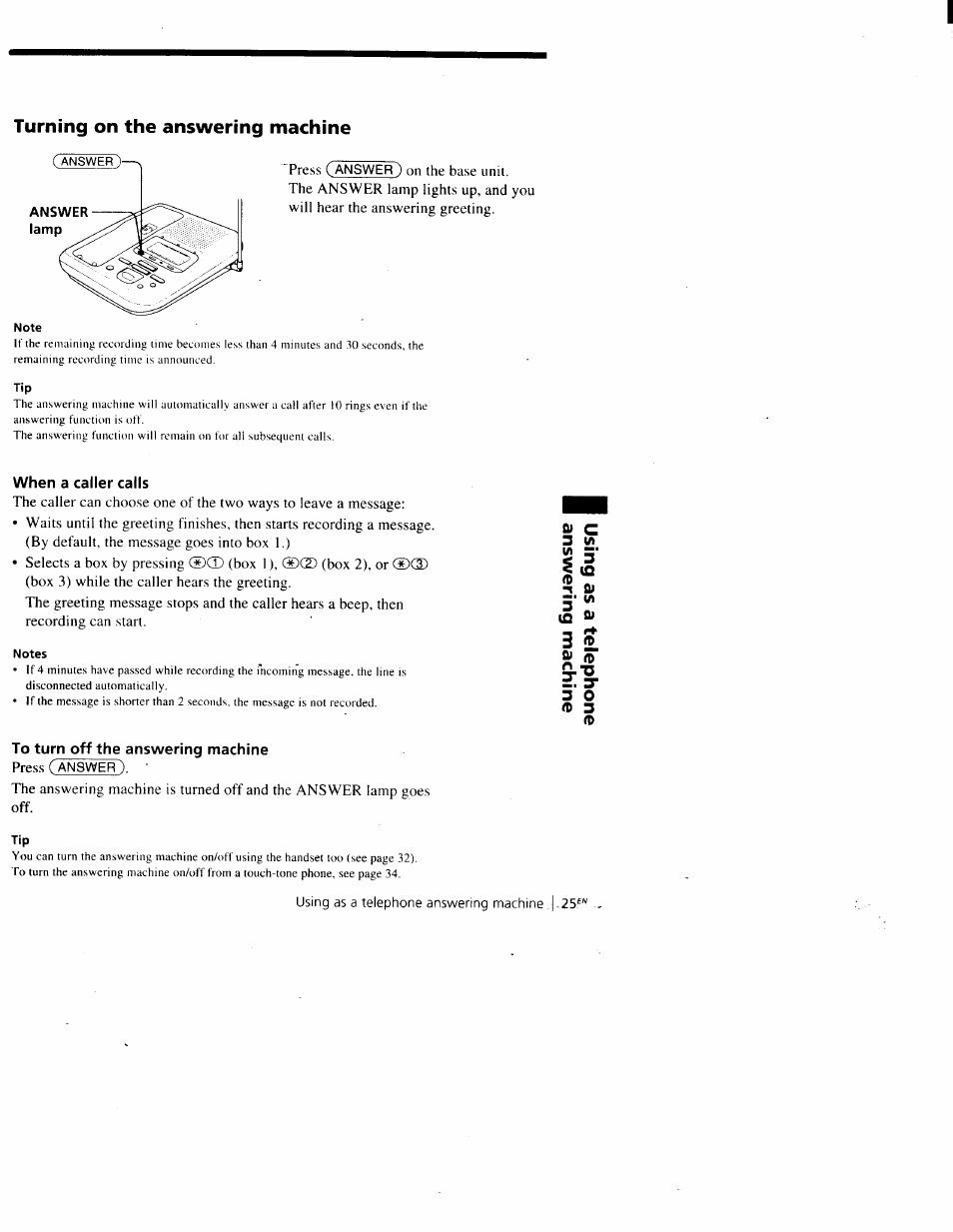 When a caller calls, To turn off the answering machine | Sony SPP-A900 User Manual | Page 25 / 93