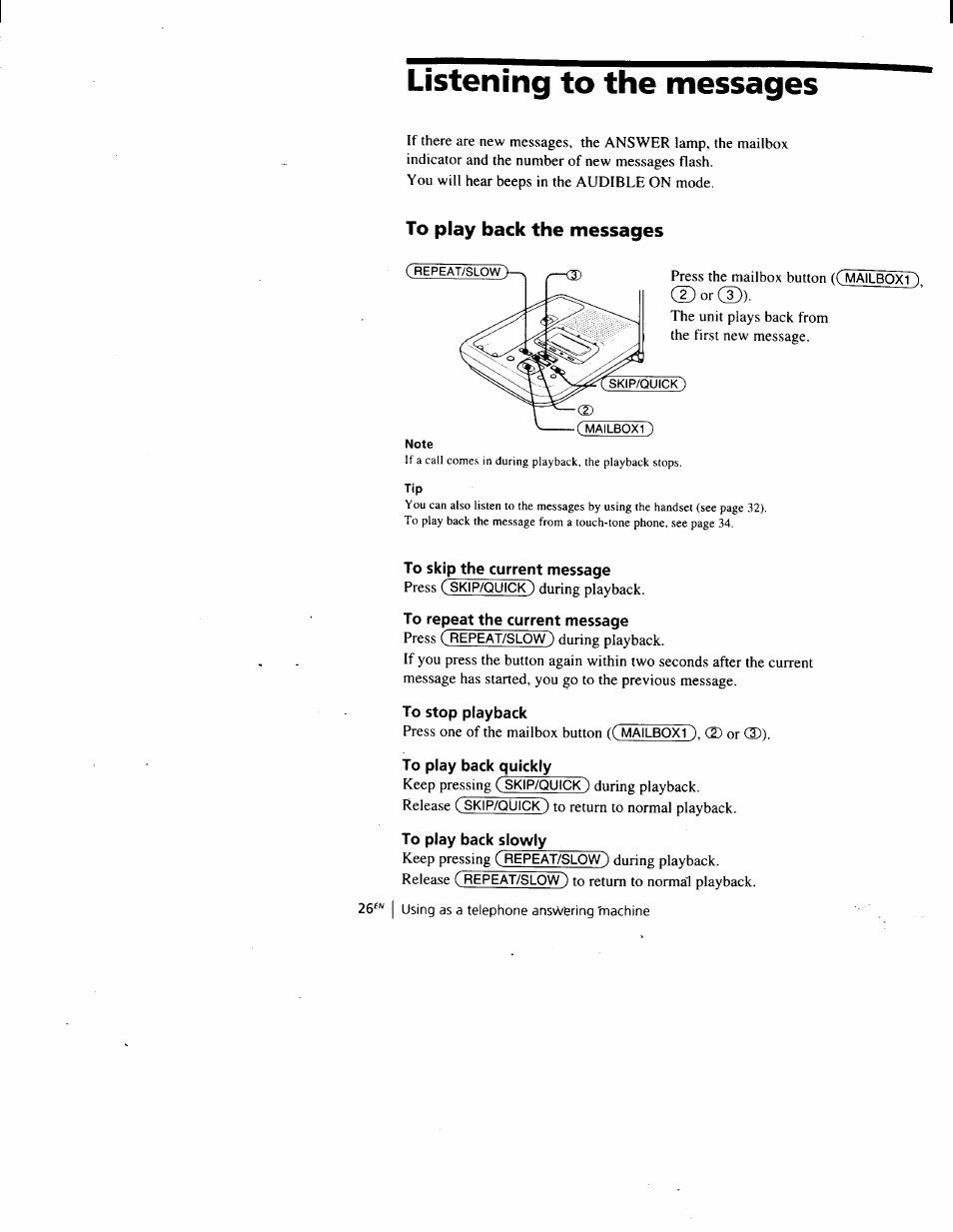 Listening to the messages, To play back the messages, To skip the current message | To repeat the current message, To stop playback | Sony SPP-A900 User Manual | Page 26 / 93