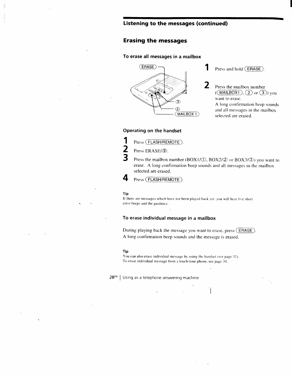 Erasing the messages, To erase all messages in a mailbox, Operating on the handset | To erase individual message in a mailbox | Sony SPP-A900 User Manual | Page 28 / 93