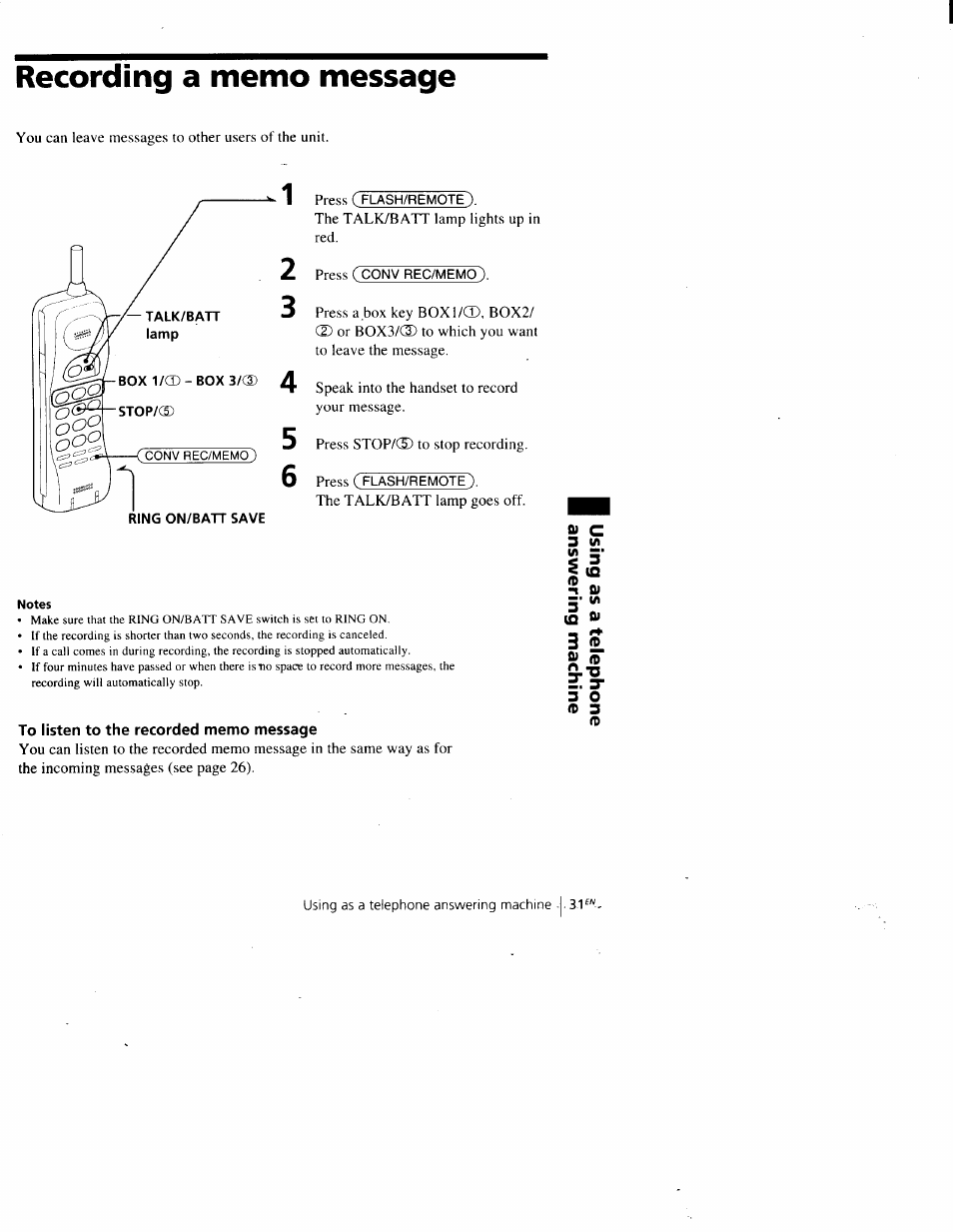 Recording a memo message, To listen to the recorded memo message | Sony SPP-A900 User Manual | Page 31 / 93