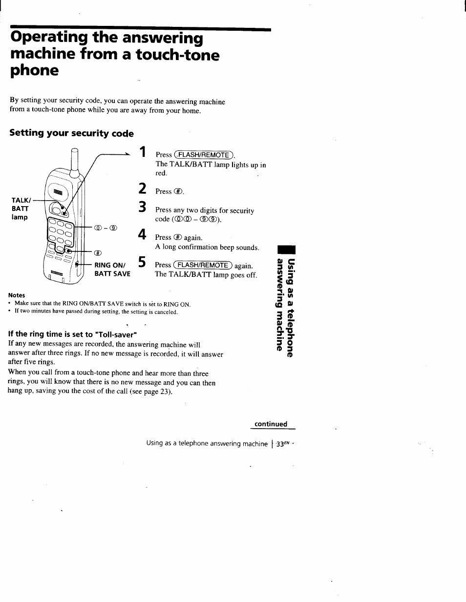 Setting your security code, If the ring time is set to “toll-saver, Continued | Si c, 3' o | Sony SPP-A900 User Manual | Page 33 / 93