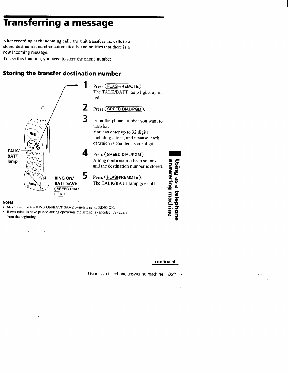 Transferring a message, Storing the transfer destination number, Continued | Sony SPP-A900 User Manual | Page 35 / 93