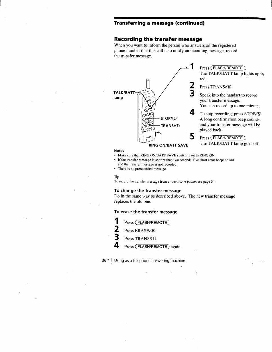 Recording the transfer message, To change the transfer message, To erase the transfer message | Sony SPP-A900 User Manual | Page 36 / 93