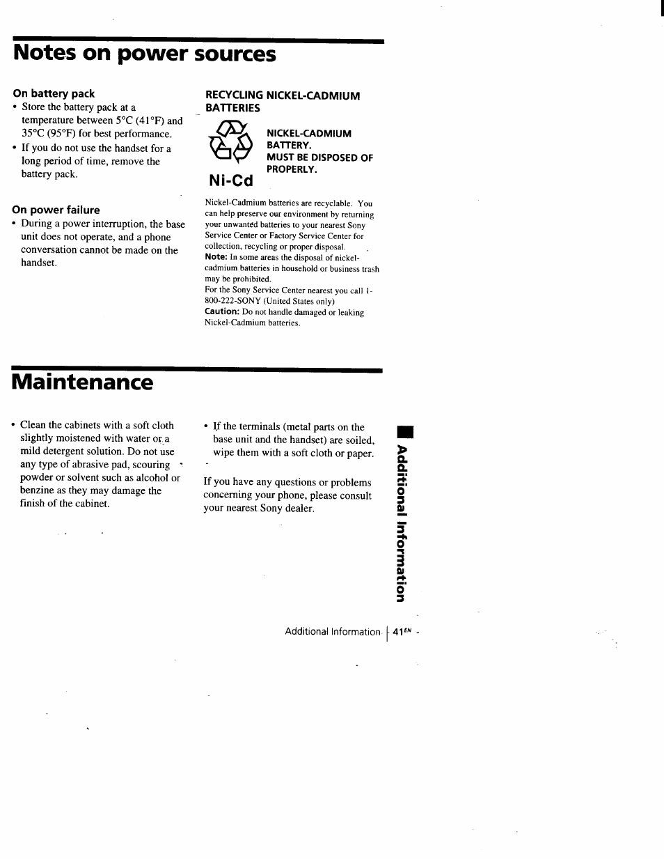 Notes on power sources, On battery pack, On power failure | Recycling nickel-cadmium batteries, Maintenance, Ni-cd | Sony SPP-A900 User Manual | Page 41 / 93