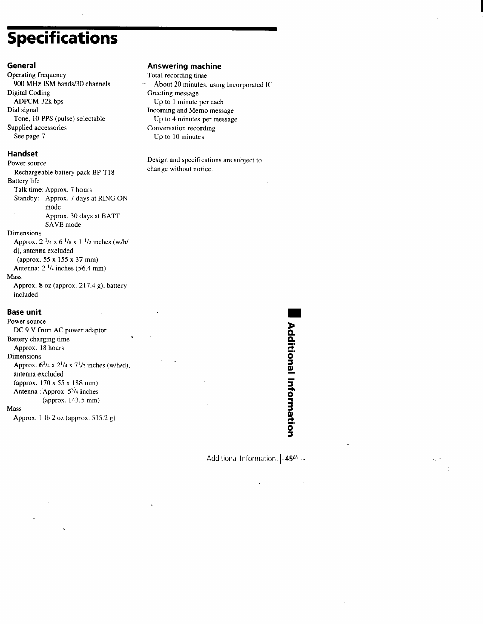 Specifications, General, Answering machine | Handset, Base unit, 3о 3 | Sony SPP-A900 User Manual | Page 45 / 93
