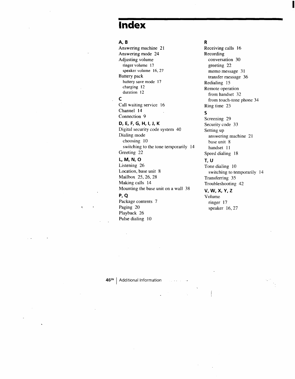 Index, A, b, T, u | Sony SPP-A900 User Manual | Page 46 / 93