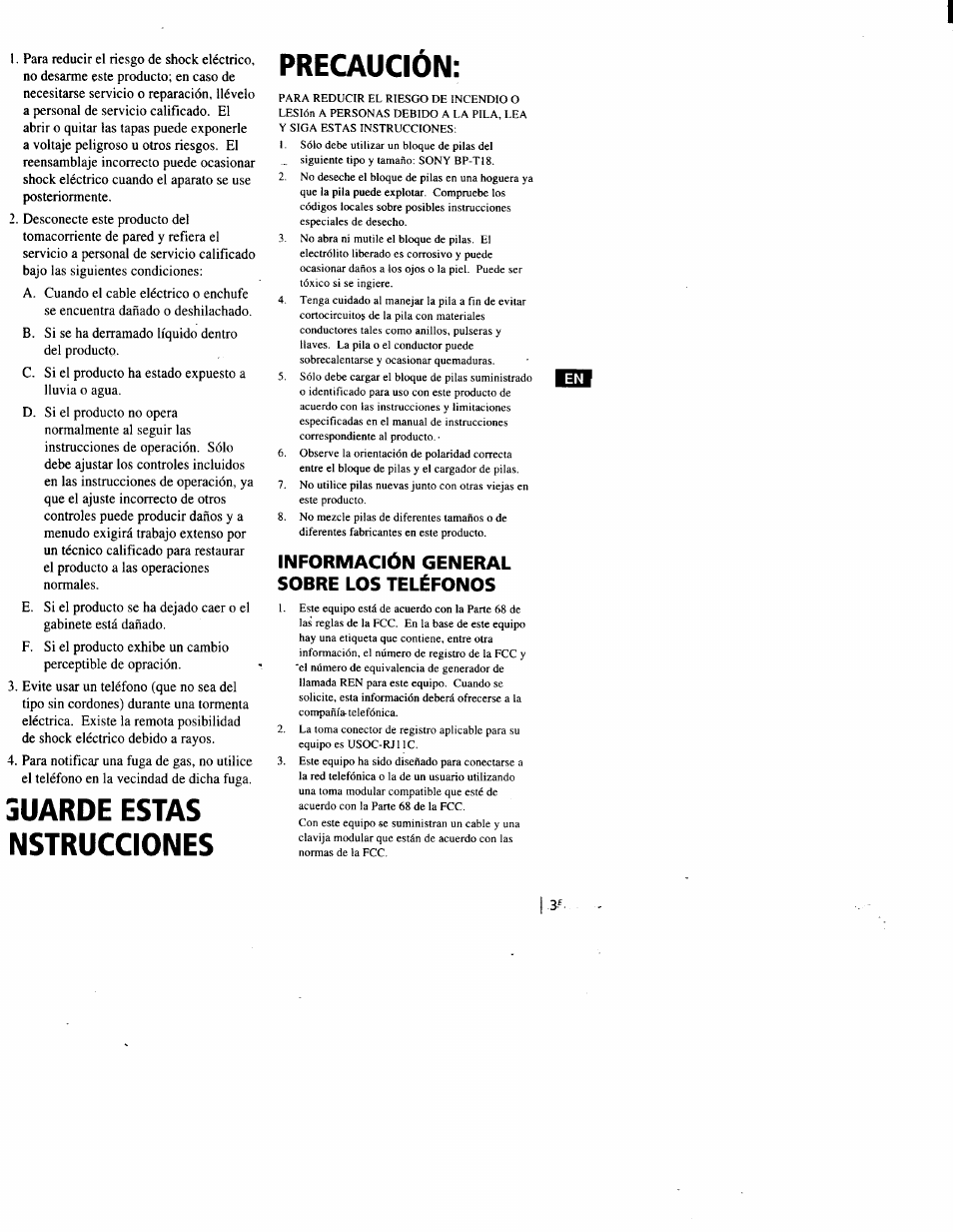 Precaucion, Información general sobre los teléfonos, Uarde | Nstrucciones precaucion, Estas | Sony SPP-A900 User Manual | Page 49 / 93