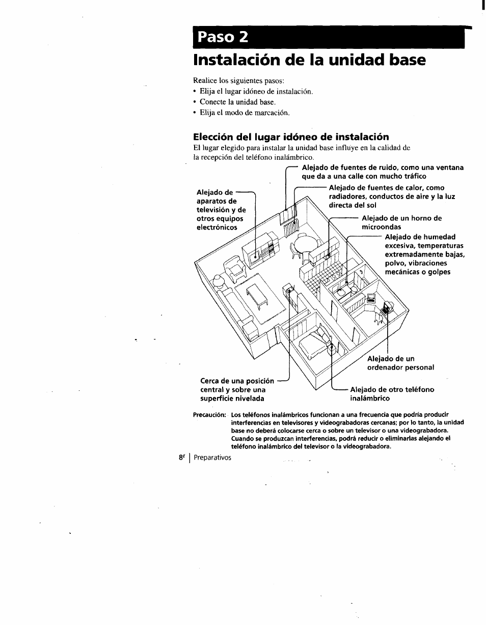 Instalación de la unidad base, Elección del lugar idóneo de instalación, Paso 2 | Sony SPP-A900 User Manual | Page 54 / 93