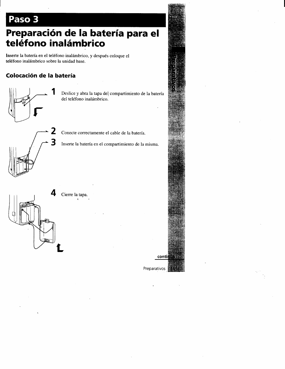 Colocación de la batería 1, Paso 3 | Sony SPP-A900 User Manual | Page 57 / 93