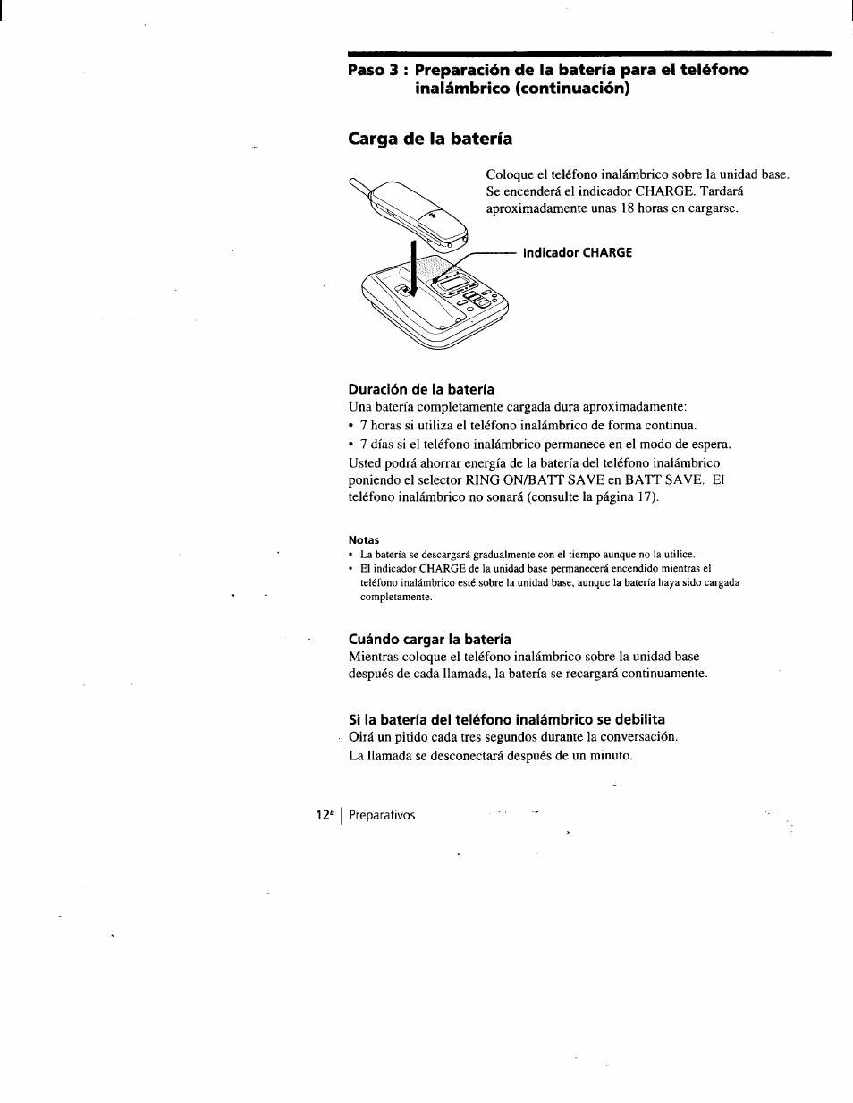 Carga de la batería, Duración de la batería, Cuándo cargar la batería | Si la batería del teléfono inalámbrico se debilita | Sony SPP-A900 User Manual | Page 58 / 93