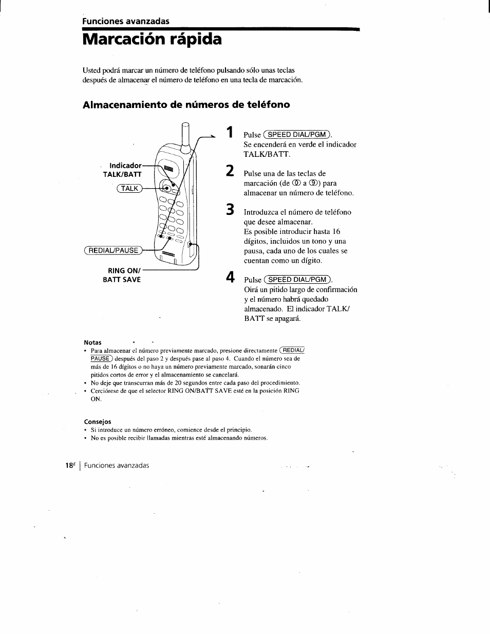 Marcación rápida, Almacenamiento de números de teléfono | Sony SPP-A900 User Manual | Page 64 / 93