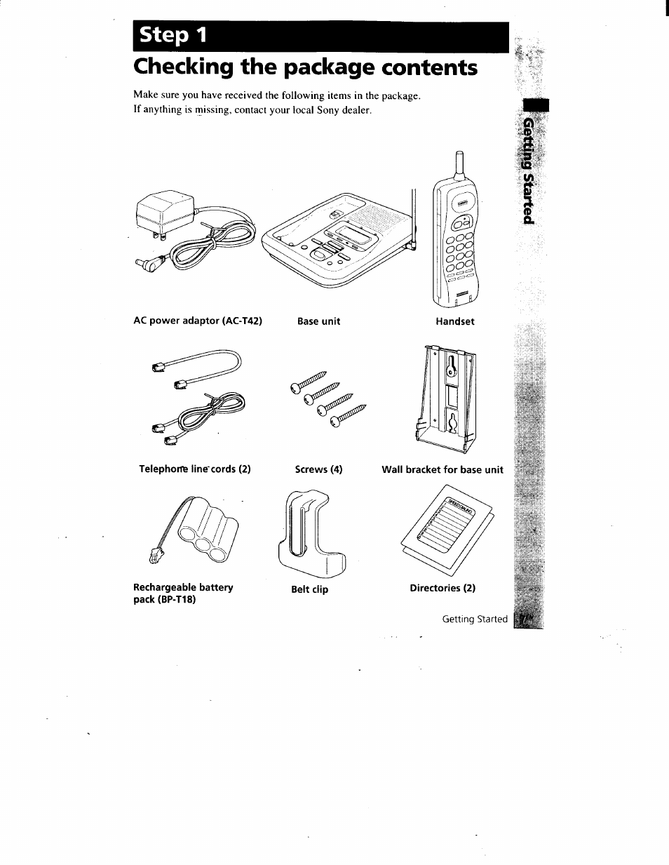 Checking the package contents, Rechargeable battery pack (bp-t18), Wall bracket for base unit | Step 1 | Sony SPP-A900 User Manual | Page 7 / 93