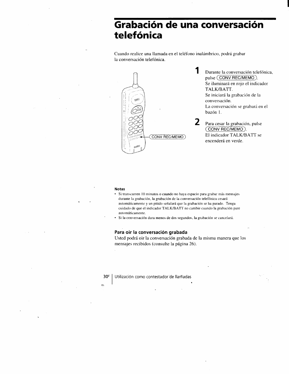 Grabación de una conversación telefónica, Para oir la conversación grabada | Sony SPP-A900 User Manual | Page 76 / 93