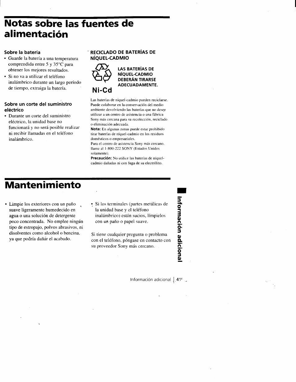 Notas sobre las fuentes de alimentación, Sobre la batería, Sobre un corte del suministro eléctrico | Reciclado de baterias de níquel-cadmio, Mantenimiento, Ni-cd | Sony SPP-A900 User Manual | Page 87 / 93