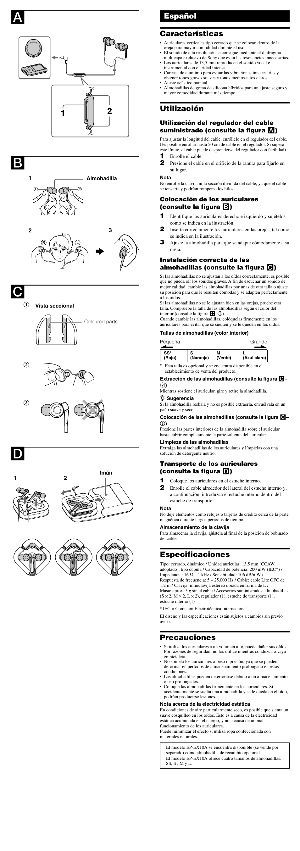 Español características, Utilización, Especificaciones | Precauciones | Sony MDR-EX500LP User Manual | Page 2 / 2