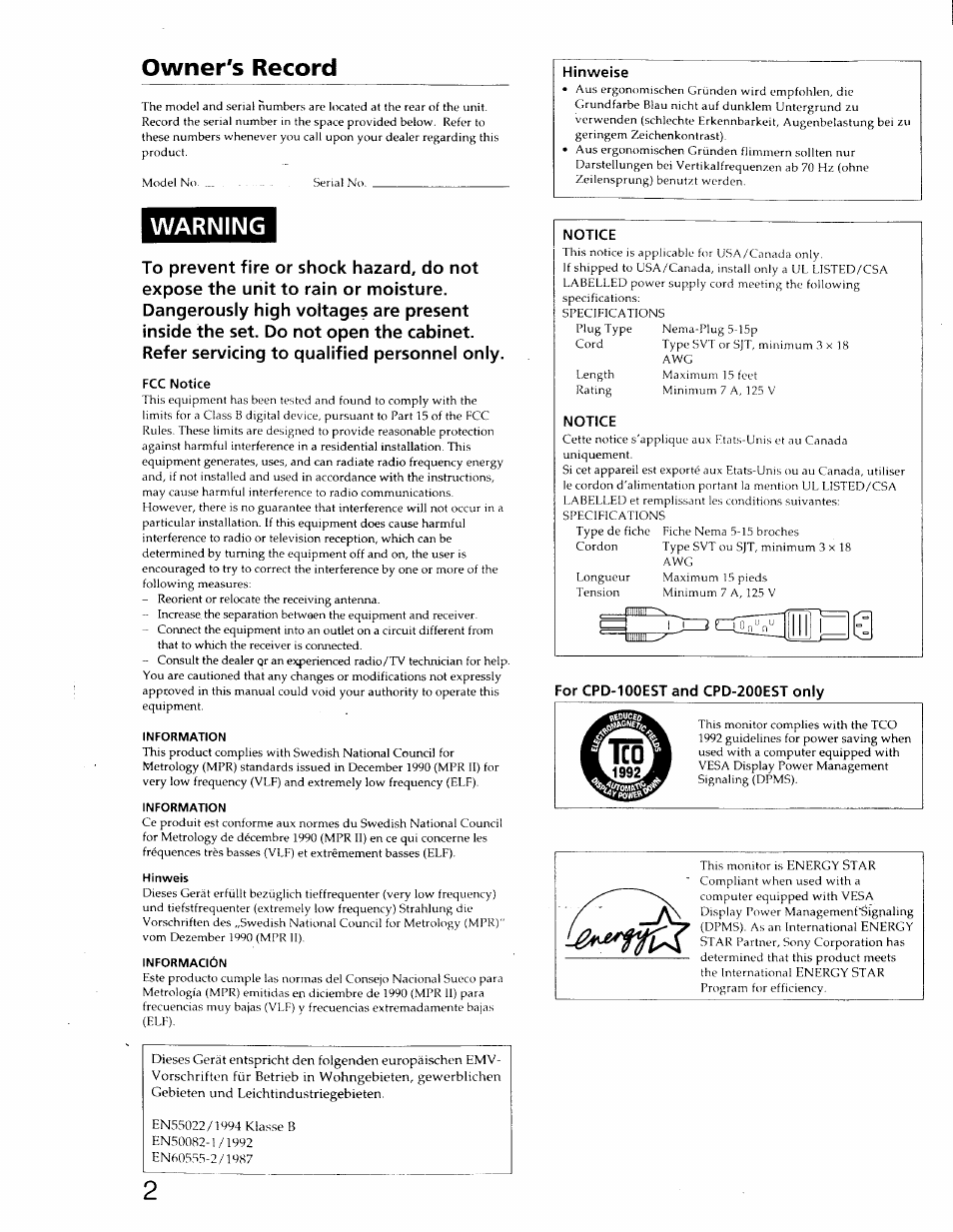Owner's record, Warning | Sony CPD-200ES User Manual | Page 2 / 10