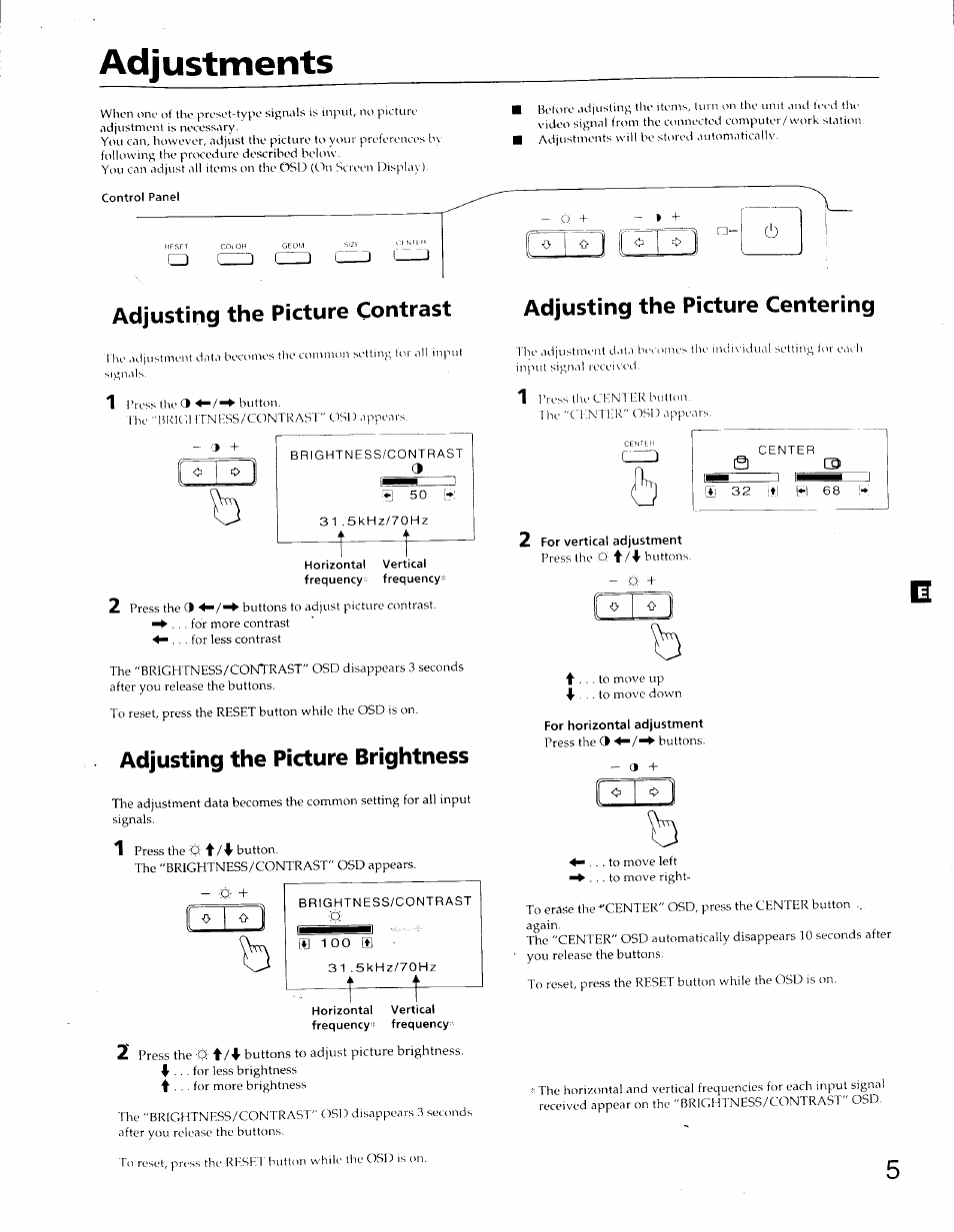 Adjustments, Adjusting the picture contrast, Adjusting the picture brightness | Adjusting the picture centering | Sony CPD-200ES User Manual | Page 5 / 10