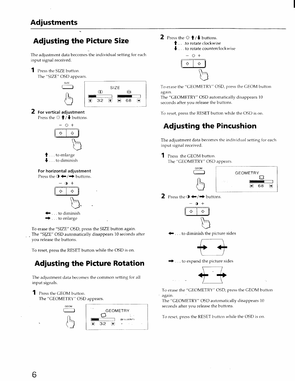 Adjustments adjusting the picture size, Adjusting the picture rotation, Adjusting the pincushion | Sony CPD-200ES User Manual | Page 6 / 10