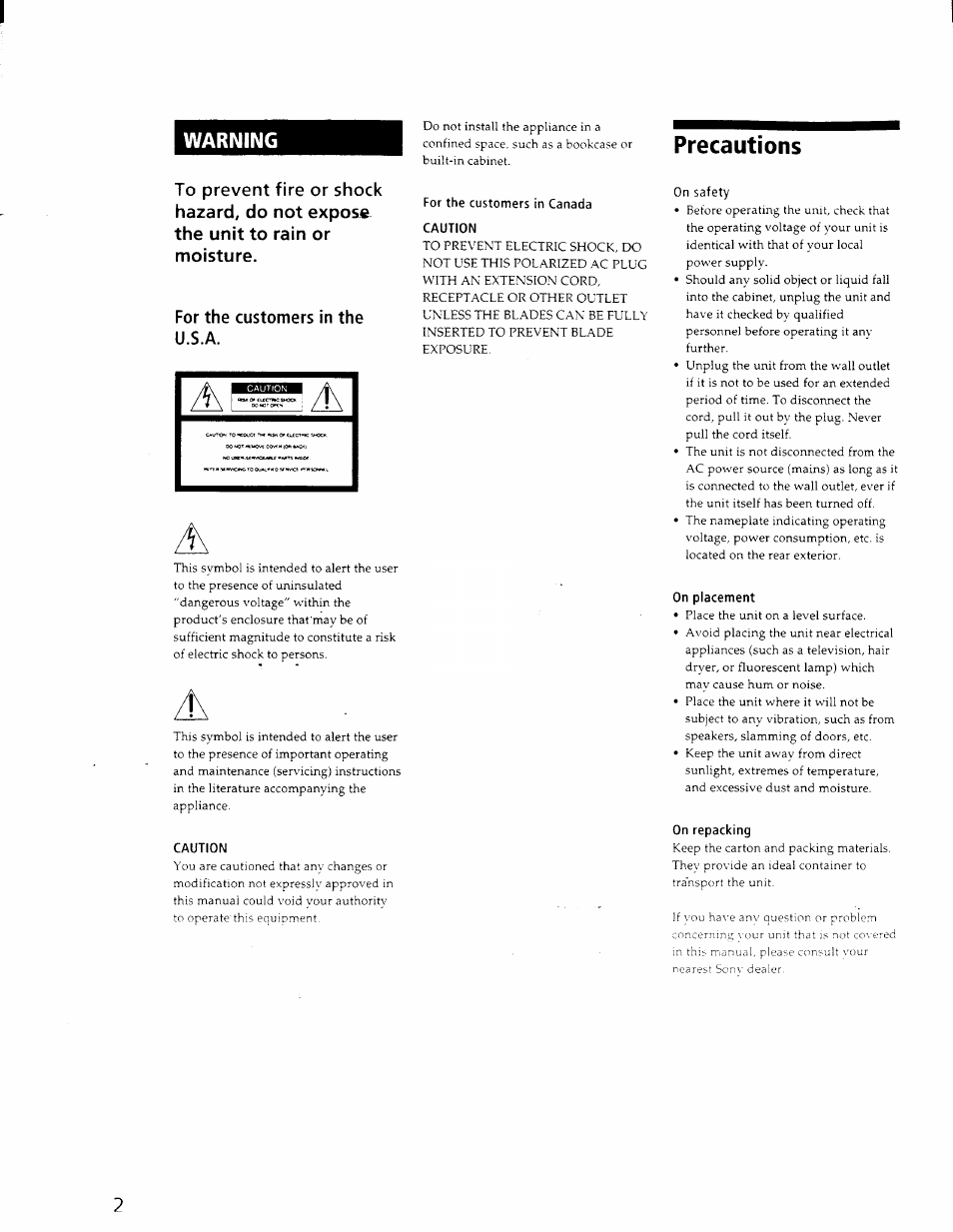 Precautions, Warning | Sony PS-J11 User Manual | Page 2 / 9