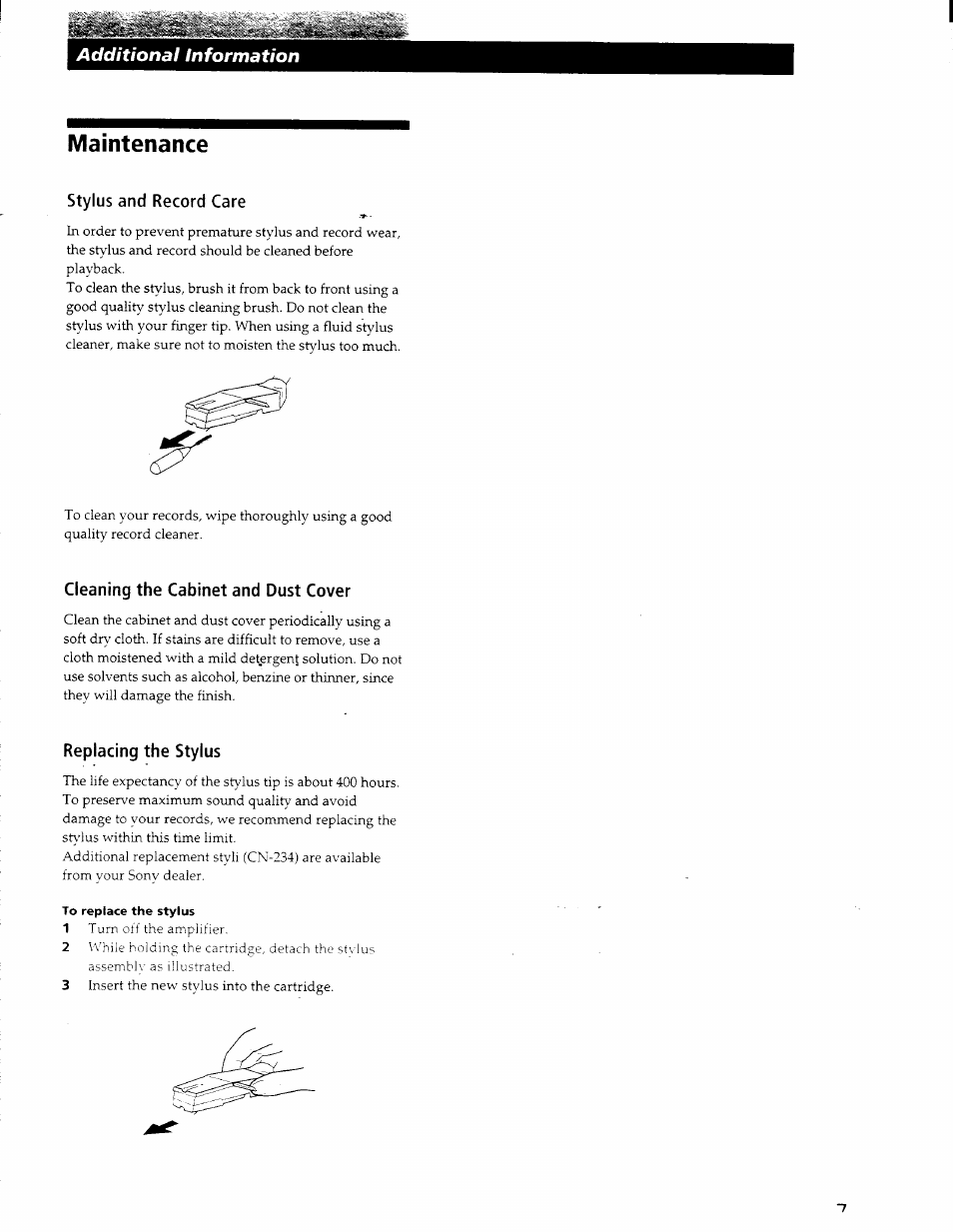 Maintenance, Stylus and record care, Cleaning the cabinet and dust cover | Replacing the stylus, Additional information | Sony PS-J11 User Manual | Page 7 / 9