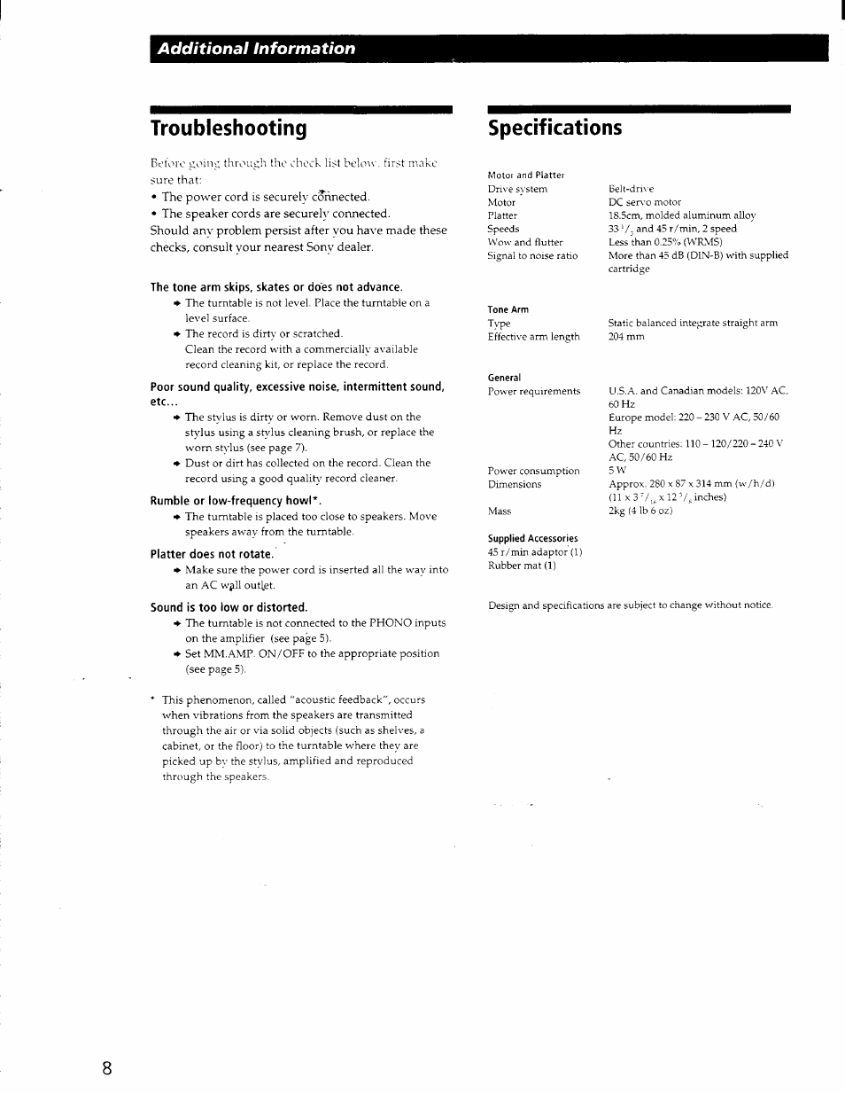 Troubleshooting, Specifications, Troubleshooting specifications | Additional information | Sony PS-J11 User Manual | Page 8 / 9