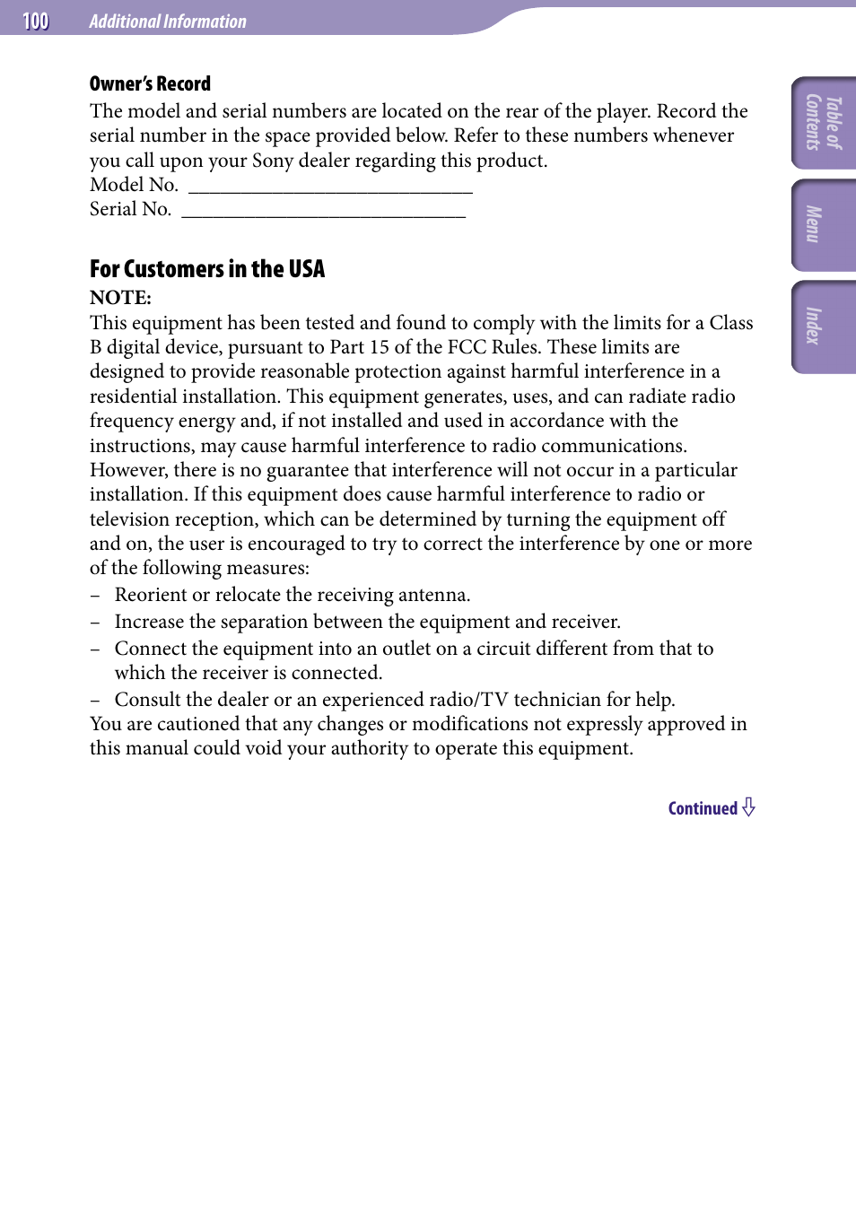 Additional information, For customers in the usa | Sony NW-S705FBLACK User Manual | Page 100 / 113