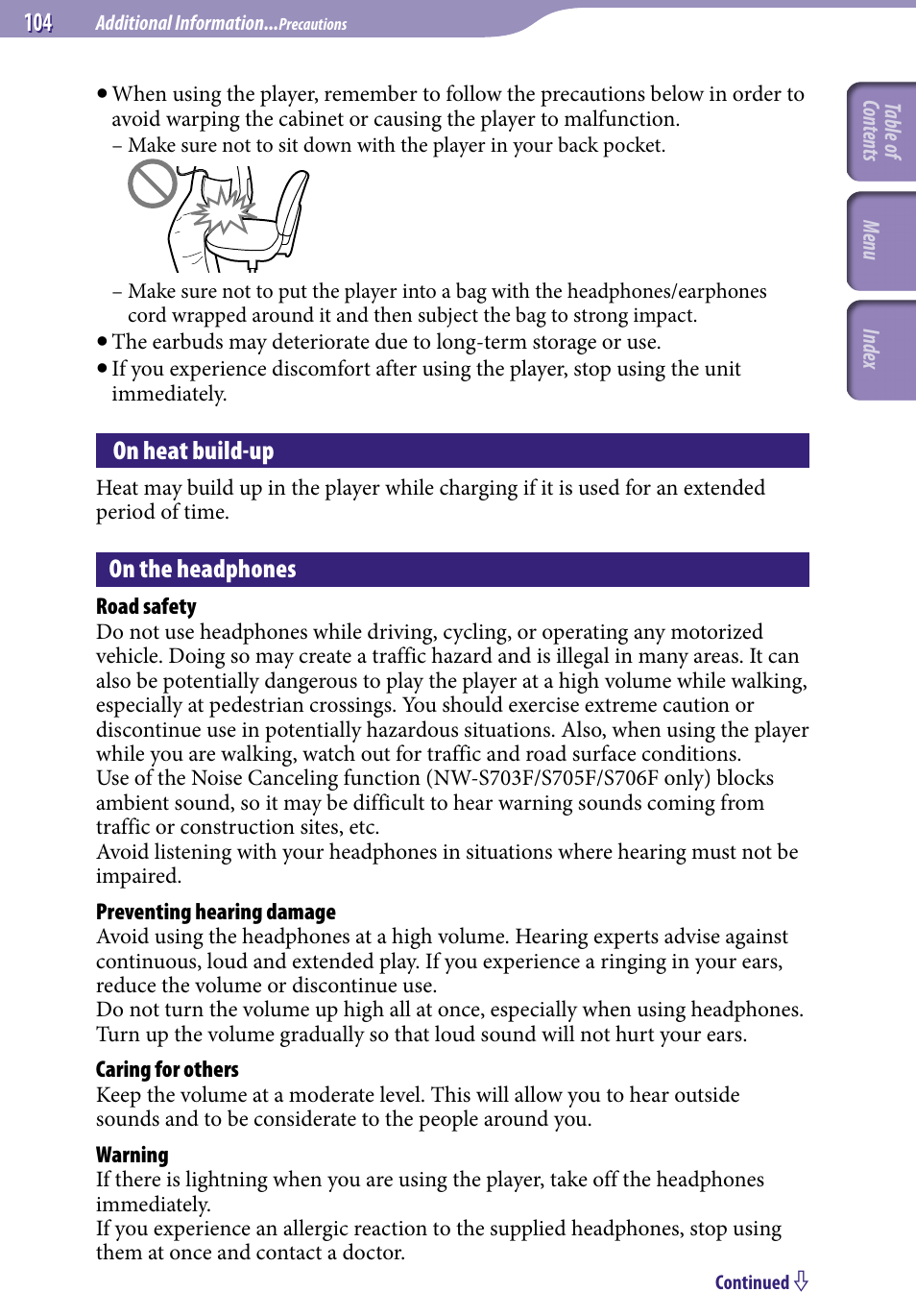 On heat build-up, On the headphones | Sony NW-S705FBLACK User Manual | Page 104 / 113