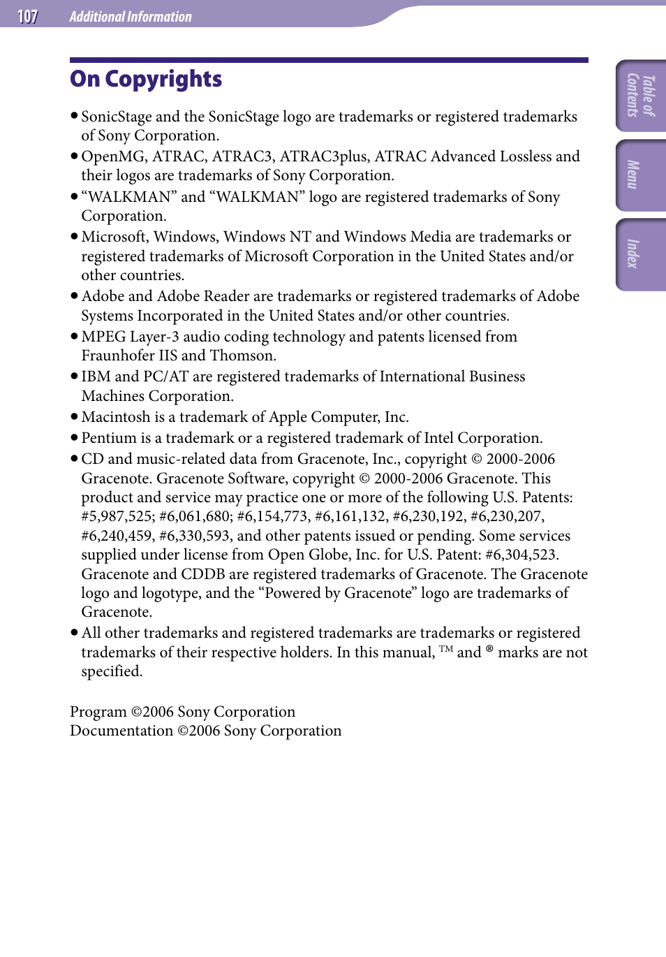 On copyrights | Sony NW-S705FBLACK User Manual | Page 107 / 113