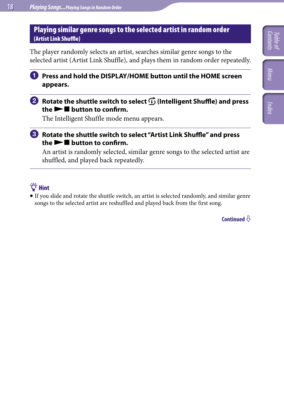 Playing similar genre songs to the selected, Artist in random order, Artist link shuffle) | Artist link shuffle | Sony NW-S705FBLACK User Manual | Page 18 / 113