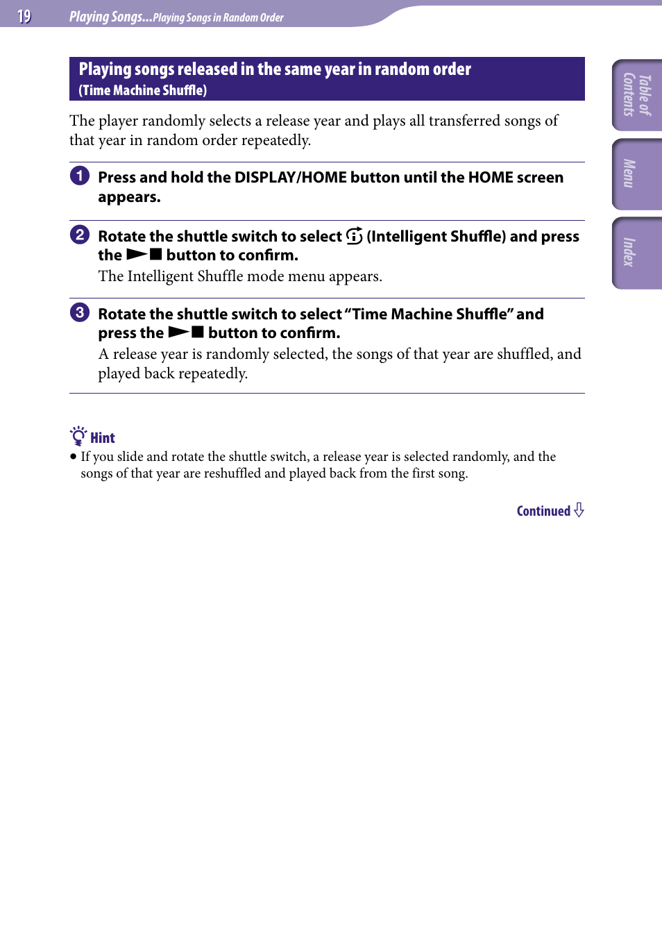 Playing songs released in the same year, In random order, Time machine shuffle) | Time machine shuffle | Sony NW-S705FBLACK User Manual | Page 19 / 113