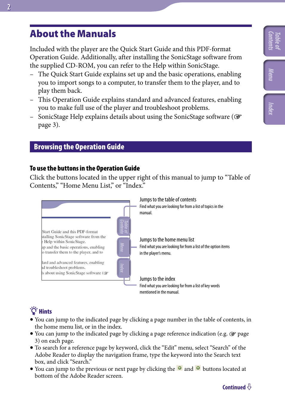 About the manuals, Browsing the operation guide | Sony NW-S705FBLACK User Manual | Page 2 / 113