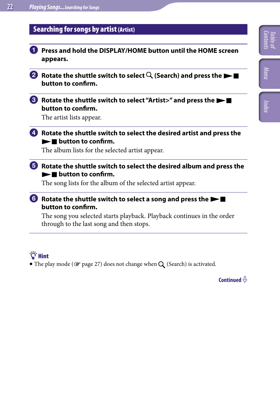 Searching for songs by artist (artist), Searching for songs by artist, Artist) | Artist | Sony NW-S705FBLACK User Manual | Page 22 / 113