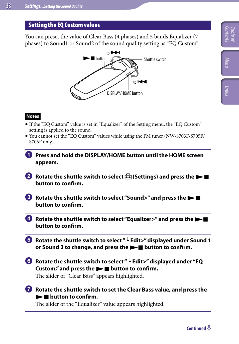 Setting the equalizer custom values, Setting the eq custom values | Sony NW-S705FBLACK User Manual | Page 33 / 113