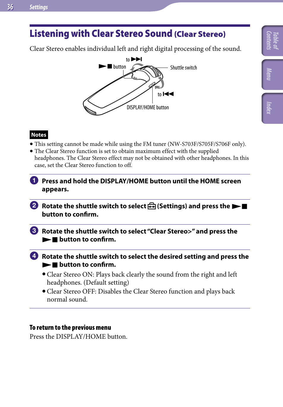 Listening with clear stereo sound (clear stereo), Listening with clear stereo sound, Clear stereo) | Clear stereo | Sony NW-S705FBLACK User Manual | Page 36 / 113