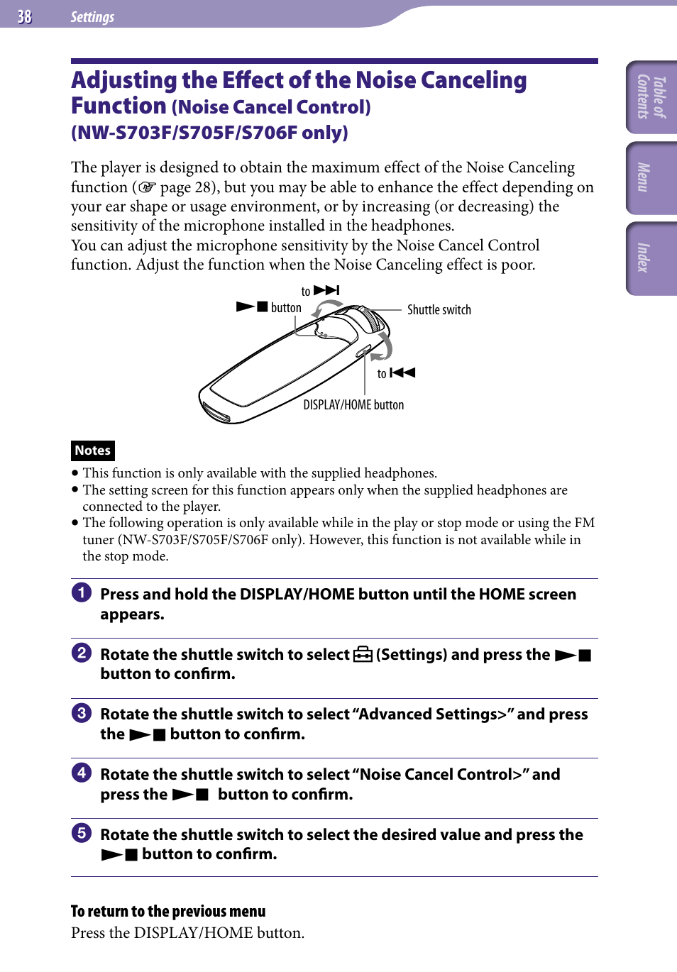 Adjusting the effect of the noise, Canceling function, Noise cancel control) | Nw-s703f/s705f/s706f only), Noise cancel control | Sony NW-S705FBLACK User Manual | Page 38 / 113