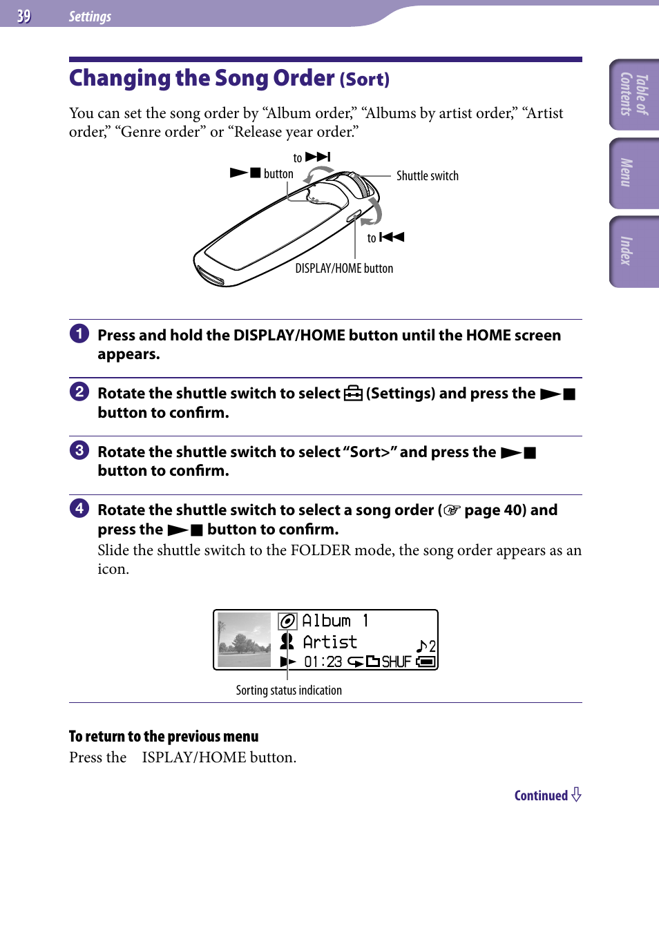 Changing the song order (sort), Changing the song order, Sort) | Sort | Sony NW-S705FBLACK User Manual | Page 39 / 113