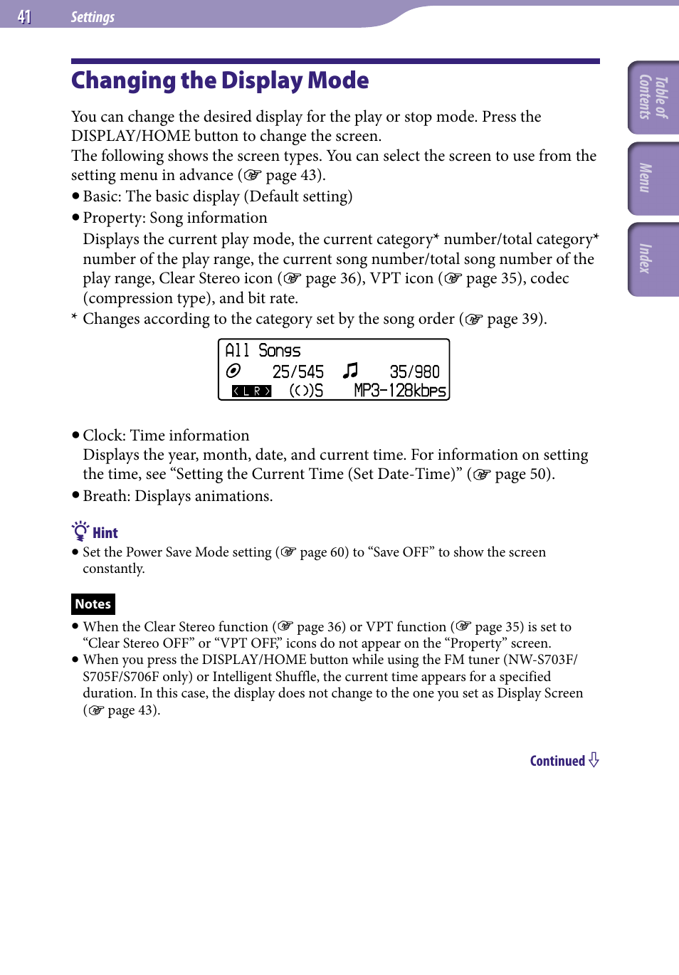 Changing the display mode | Sony NW-S705FBLACK User Manual | Page 41 / 113