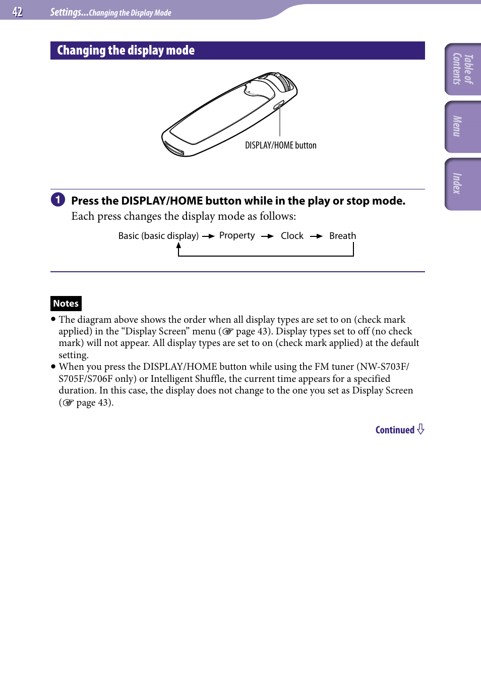 Changing the display mode | Sony NW-S705FBLACK User Manual | Page 42 / 113