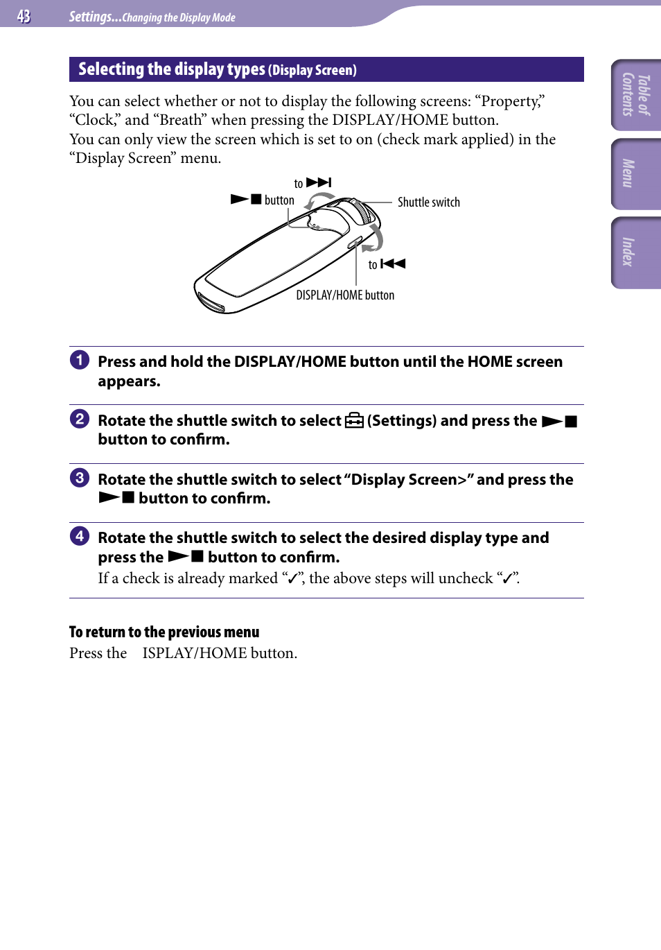 Selecting the display types (display screen), Selecting the display types, Display screen) | Display screen | Sony NW-S705FBLACK User Manual | Page 43 / 113