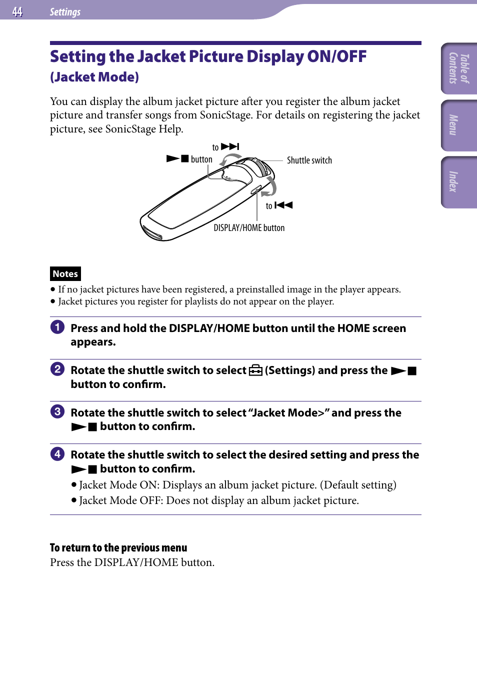 Setting the jacket picture display, On/off, Jacket mode) | Jacket mode, Setting the jacket picture display on/off | Sony NW-S705FBLACK User Manual | Page 44 / 113